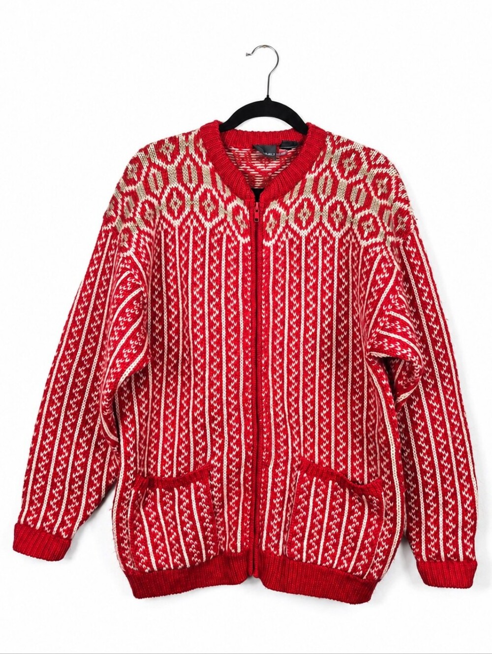 Vintage Lizwear 100% Wool Nordic Fair Isle Zip Cardigan M Oversized Grandpacore